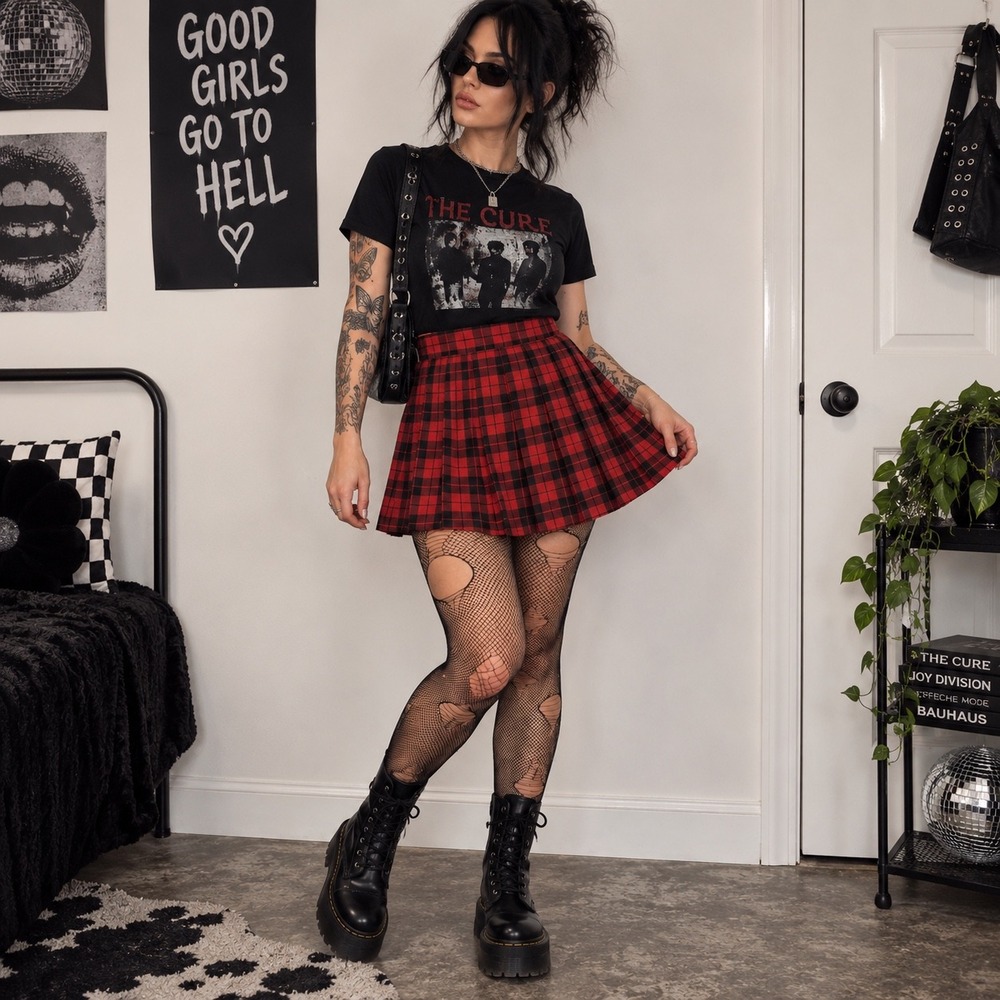 Hot Topic Red Black Plaid Pleated Skater Skirt Punk Grunge Goth dark academia